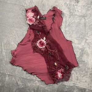 VTG Lee Andersen Made in USA Embellished Pink Pleated Top Floral Applique Vest